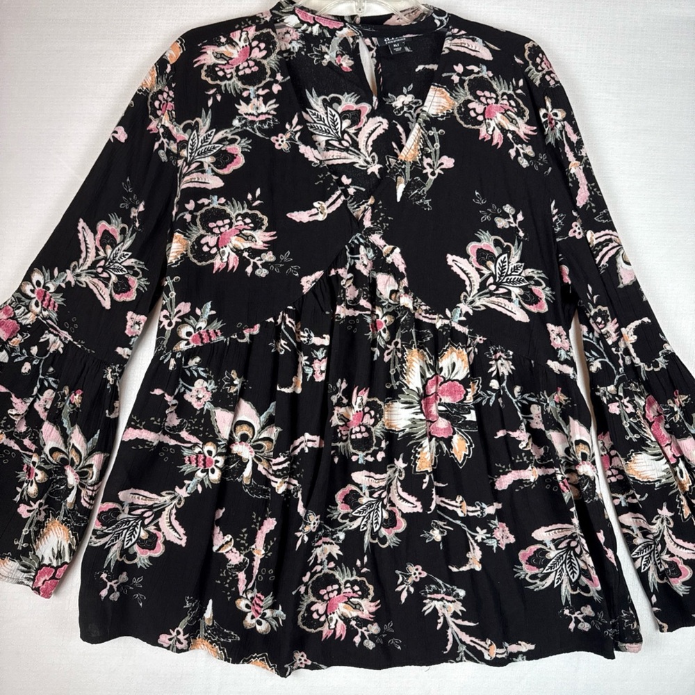 A.N.A Approach Black Pink Floral Bell Sleeve Women Blouse Size XLT romantic